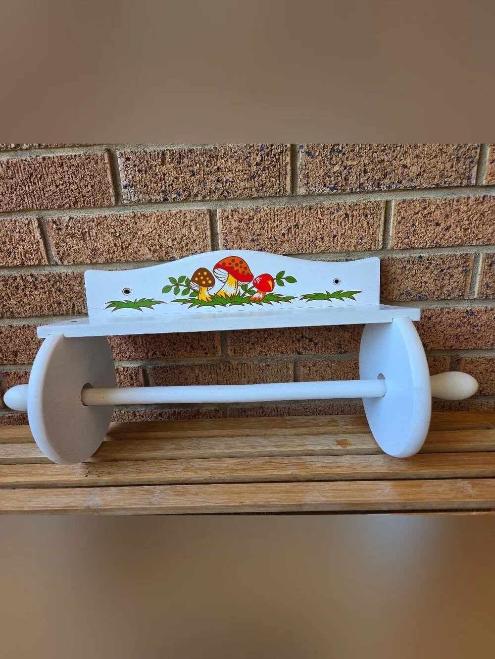 Vtg 1976 Sears Merry Mushroom Wooden Paper Towel Holder Wall Shelf Cottagecore